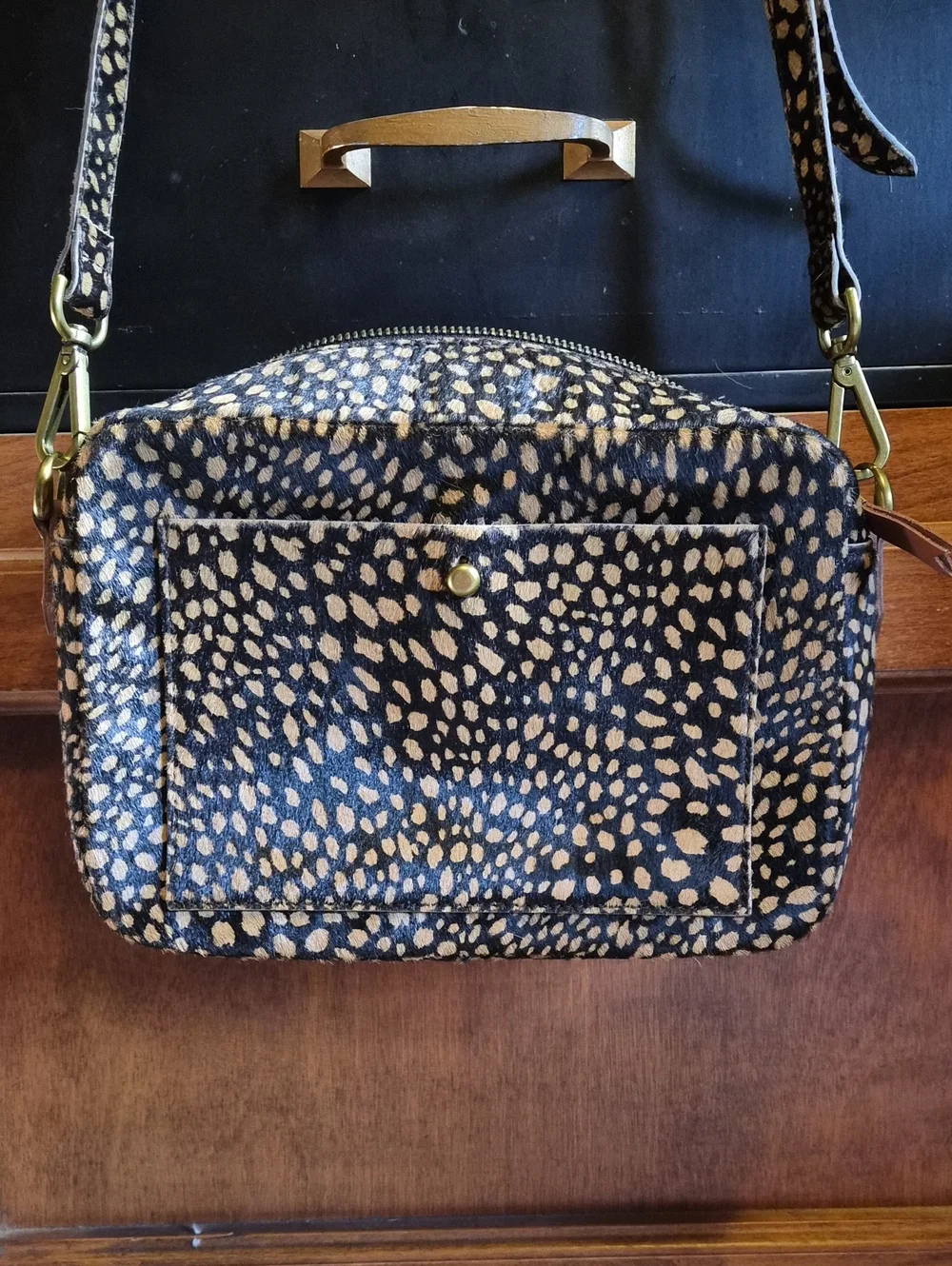 NWOT Madewell Black and Cream Spotted Calf hair Crossbody Camera Bag